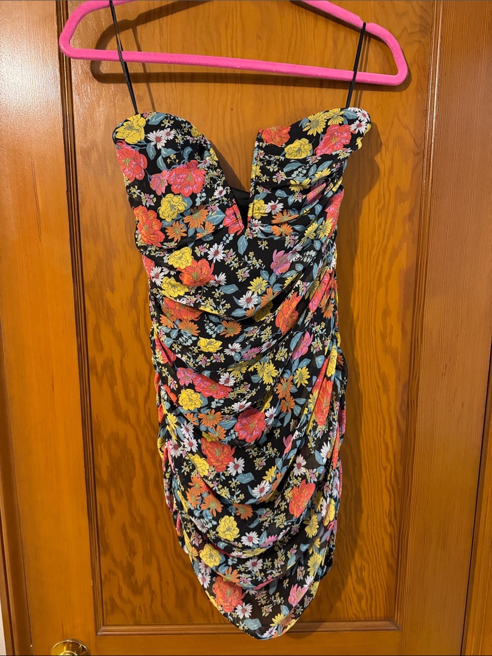 Sky To Moon Black Floral Strapless Ruched Bodycon Dress